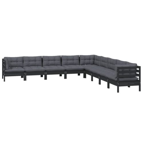 9-Piece Garden Lounge Set with Cushions Black Pine Wood Outdoor Patio Furniture - Image 3