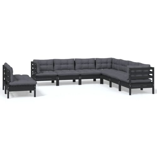 9-Piece Garden Lounge Set with Cushions Black Pine Wood Outdoor Patio Furniture