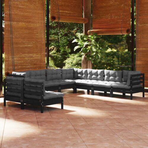 9-Piece Garden Lounge Set with Cushions Black Pine Wood Outdoor Patio Furniture - Image 2