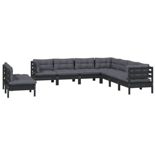 9-Piece Garden Lounge Set with Cushions Black Pine Wood Outdoor Patio Furniture - Image 3