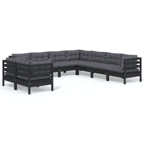 9-Piece Garden Lounge Set with Cushions Black Pine Wood Outdoor Patio Furniture