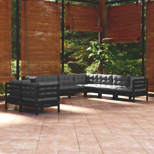 9-Piece Garden Lounge Set with Cushions Black Pine Wood Outdoor Patio Furniture - Image 2