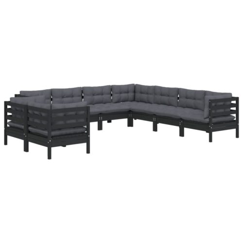9-Piece Garden Lounge Set with Cushions Black Pine Wood Outdoor Patio Furniture - Image 3