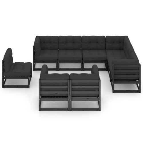 9-Piece Garden Lounge Set with Cushions Black Pine Wood Outdoor Patio Furniture - Image 2