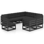 9-Piece Garden Lounge Set with Cushions Black Pine Wood Outdoor Patio Furniture