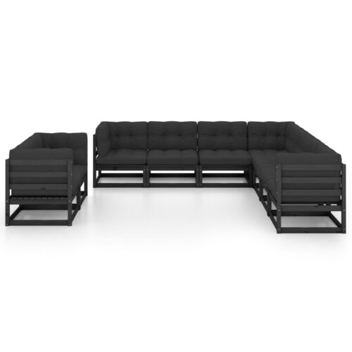 9-Piece Garden Lounge Set with Cushions Black Pine Wood Outdoor Patio Furniture - Image 2