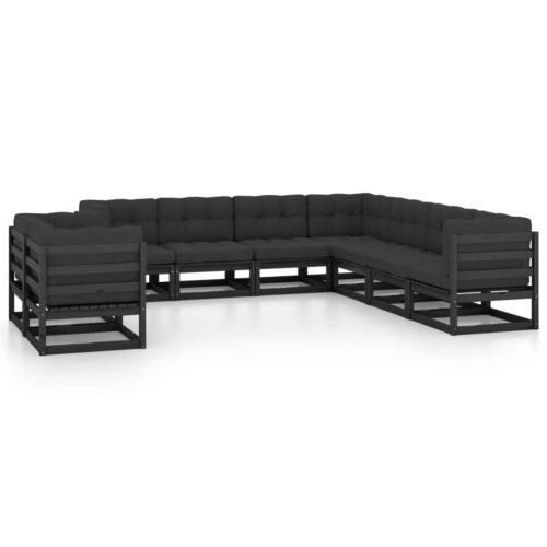 9-Piece Garden Lounge Set with Cushions Black Pine Wood Outdoor Patio Furniture
