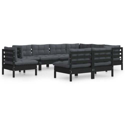 9-Piece Garden Lounge Set with Cushions Black Pine Wood Outdoor Patio Furniture