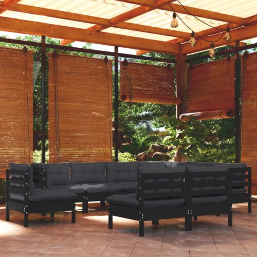 9-Piece Garden Lounge Set with Cushions Black Pine Wood Outdoor Patio Furniture - Image 2