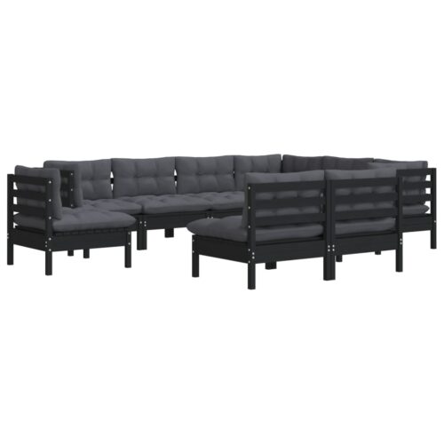 9-Piece Garden Lounge Set with Cushions Black Pine Wood Outdoor Patio Furniture - Image 3