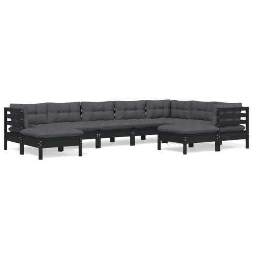 9-Piece Garden Lounge Set with Cushions Black Pine Wood Outdoor Patio Furniture