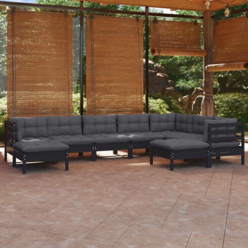 9-Piece Garden Lounge Set with Cushions Black Pine Wood Outdoor Patio Furniture - Image 2