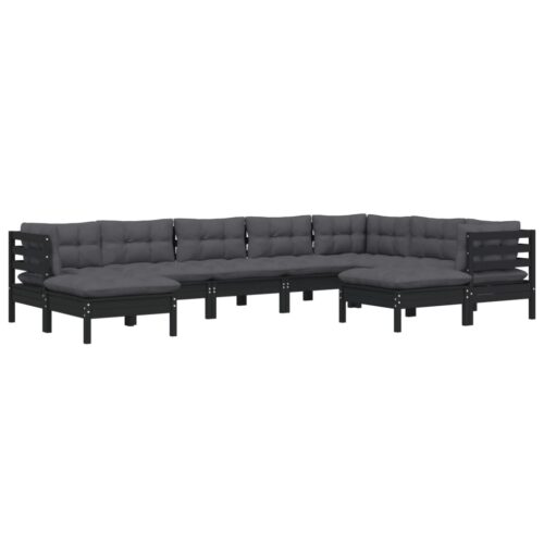 9-Piece Garden Lounge Set with Cushions Black Pine Wood Outdoor Patio Furniture - Image 3