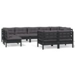 9-Piece Garden Lounge Set with Cushions Black Pine Wood Outdoor Patio Furniture