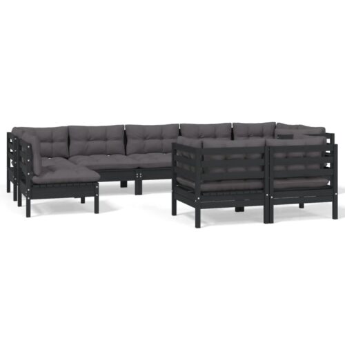 9-Piece Garden Lounge Set with Cushions Black Pine Wood Outdoor Patio Furniture