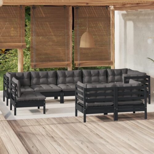 9-Piece Garden Lounge Set with Cushions Black Pine Wood Outdoor Patio Furniture - Image 2