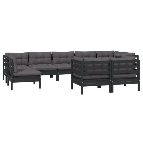 9-Piece Garden Lounge Set with Cushions Black Pine Wood Outdoor Patio Furniture - Image 3