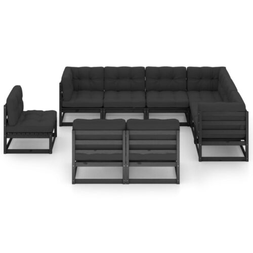 9-Piece Garden Lounge Set with Cushions Black Pine Wood Outdoor Patio Furniture - Image 2