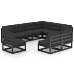 9-Piece Garden Lounge Set with Cushions Black Pine Wood Outdoor Patio Furniture