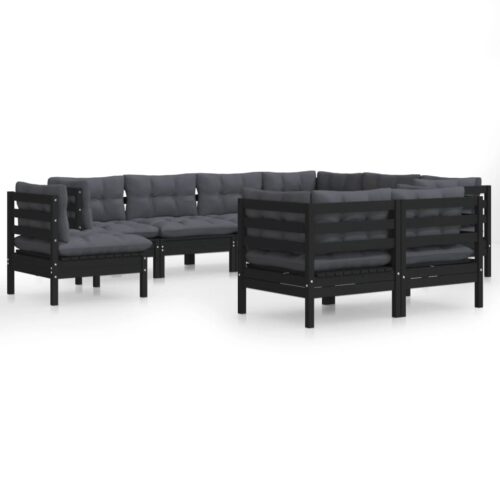 9-Piece Garden Lounge Set with Cushions Black Pine Wood Outdoor Patio Furniture