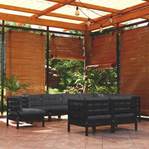 9-Piece Garden Lounge Set with Cushions Black Pine Wood Outdoor Patio Furniture - Image 2