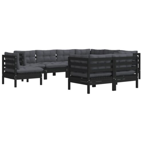9-Piece Garden Lounge Set with Cushions Black Pine Wood Outdoor Patio Furniture - Image 3