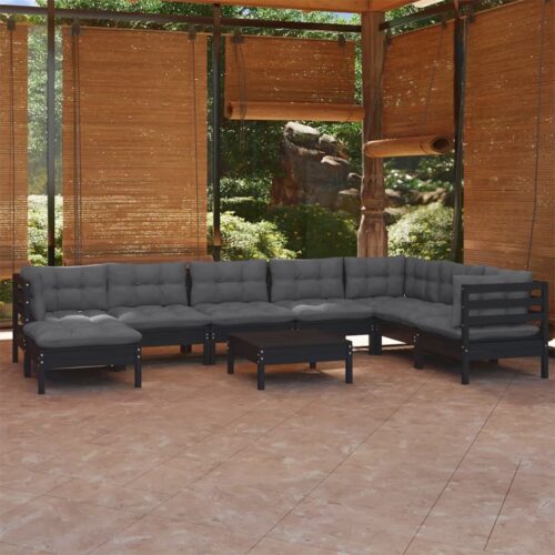 9-Piece Garden Lounge Set with Cushions Black Pine Wood Outdoor Patio Furniture - Image 2