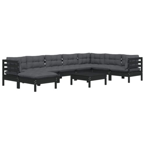 9-Piece Garden Lounge Set with Cushions Black Pine Wood Outdoor Patio Furniture - Image 3