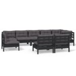 9-Piece Garden Lounge Set with Cushions Black Pine Wood Outdoor Patio Furniture