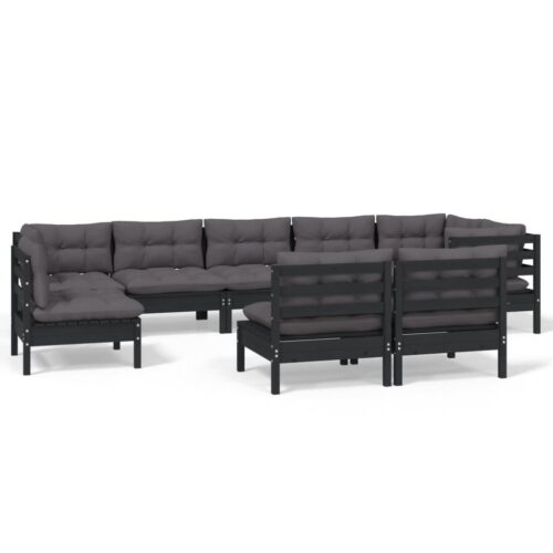 9-Piece Garden Lounge Set with Cushions Black Pine Wood Outdoor Patio Furniture