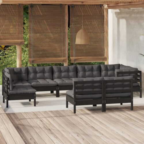 9-Piece Garden Lounge Set with Cushions Black Pine Wood Outdoor Patio Furniture - Image 2