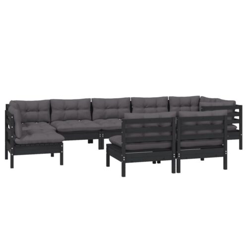 9-Piece Garden Lounge Set with Cushions Black Pine Wood Outdoor Patio Furniture - Image 3