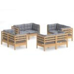 8-Piece Garden Lounge Set with Grey Cushions Pine Wood Outdoor Patio Furniture