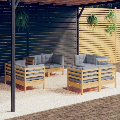8-Piece Garden Lounge Set with Grey Cushions Pine Wood Outdoor Patio Furniture - Image 2
