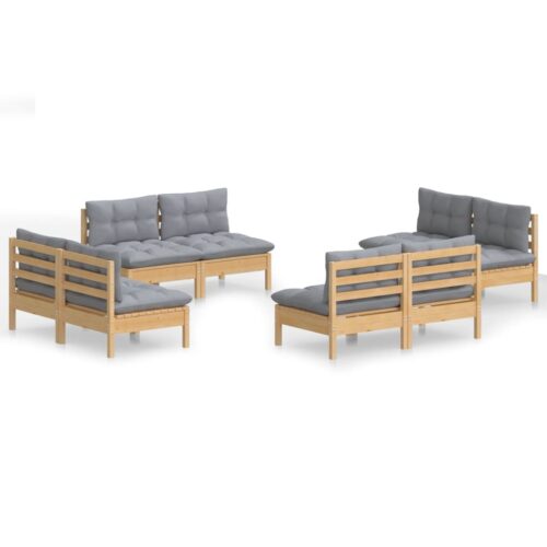 8-Piece Garden Lounge Set with Grey Cushions Pine Wood Outdoor Patio Furniture