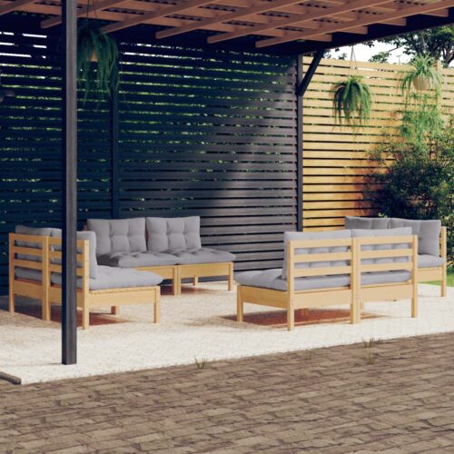 8-Piece Garden Lounge Set with Grey Cushions Pine Wood Outdoor Patio Furniture - Image 2