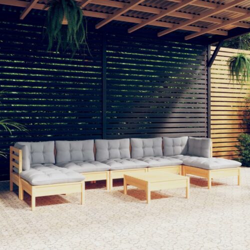 8-Piece Garden Lounge Set with Grey Cushions Pine Wood Outdoor Patio Furniture - Image 2