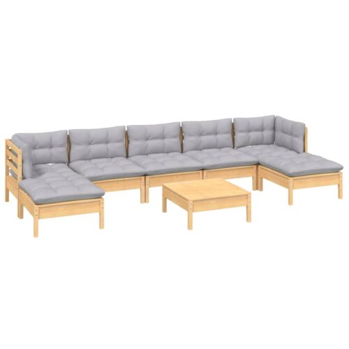 8-Piece Garden Lounge Set with Grey Cushions Pine Wood Outdoor Patio Furniture - Image 3