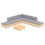 8-Piece Garden Lounge Set with Grey Cushions Pine Wood Outdoor Patio Furniture
