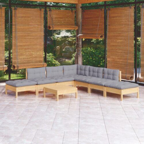 8-Piece Garden Lounge Set with Grey Cushions Pine Wood Outdoor Patio Furniture - Image 2
