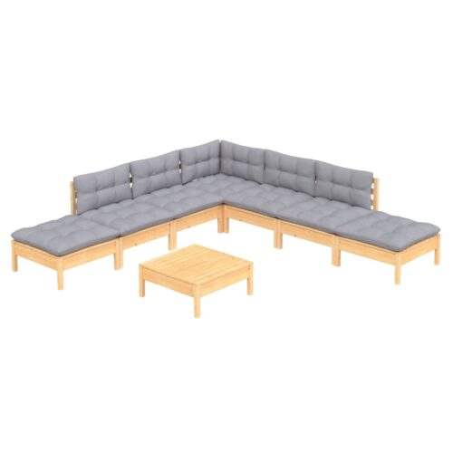 8-Piece Garden Lounge Set with Grey Cushions Pine Wood Outdoor Patio Furniture - Image 3