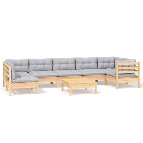8-Piece Garden Lounge Set with Grey Cushions Pine Wood Outdoor Patio Furniture
