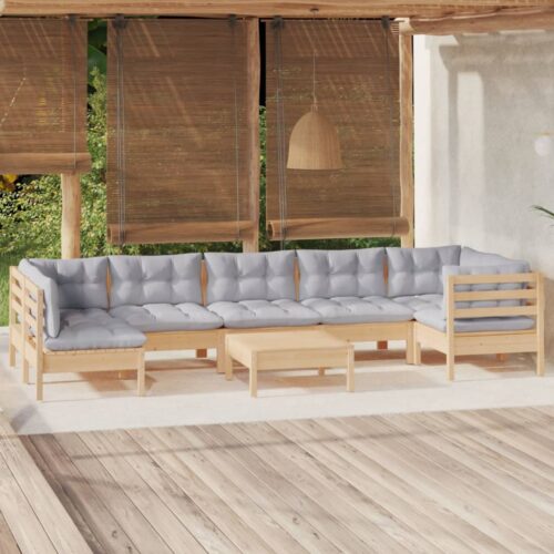 8-Piece Garden Lounge Set with Grey Cushions Pine Wood Outdoor Patio Furniture - Image 2