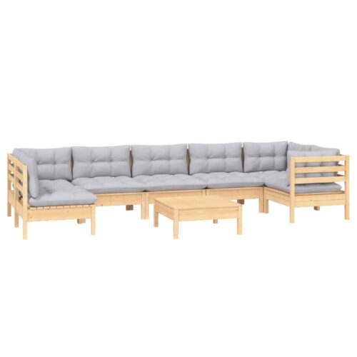 8-Piece Garden Lounge Set with Grey Cushions Pine Wood Outdoor Patio Furniture - Image 3