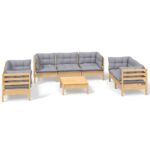 8-Piece Garden Lounge Set with Grey Cushions Pine Wood Outdoor Patio Furniture