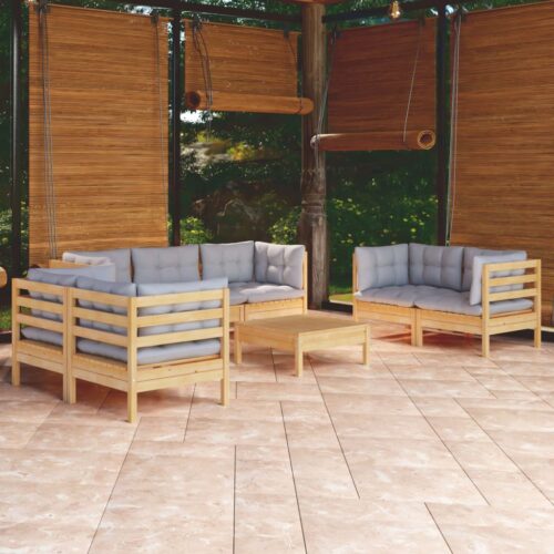 8-Piece Garden Lounge Set with Grey Cushions Pine Wood Outdoor Patio Furniture - Image 2