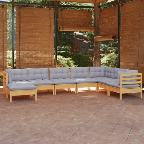 8-Piece Garden Lounge Set with Grey Cushions Pine Wood Outdoor Patio Furniture - Image 2
