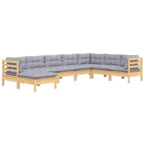 8-Piece Garden Lounge Set with Grey Cushions Pine Wood Outdoor Patio Furniture - Image 3