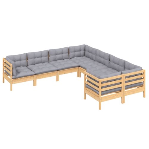 8-Piece Garden Lounge Set with Grey Cushions Pine Wood Outdoor Patio Furniture - Image 3