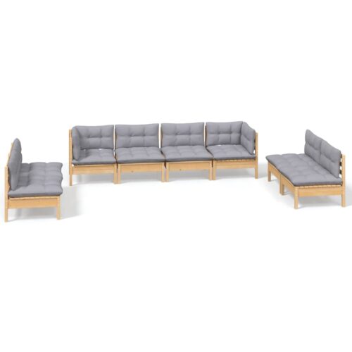8-Piece Garden Lounge Set with Grey Cushions Pine Wood Outdoor Patio Furniture